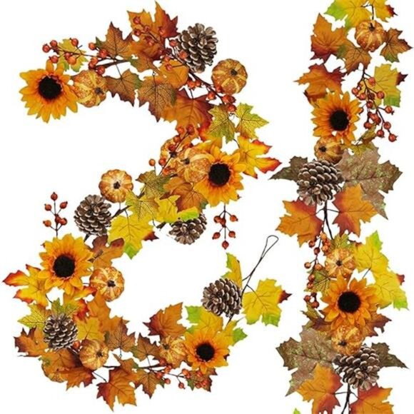 2 Pack Fall Maple Leaf Garland - 6ft/Piece Artificial Berries Sunflower Pumpkin - Picture 8 of 8